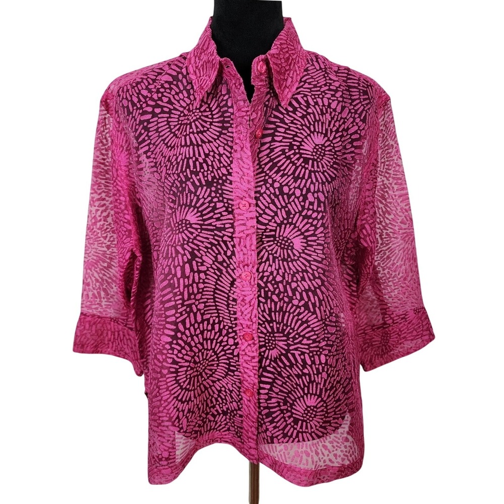CHOICES Size Large Sheer Pink Burnout Button Up Collared Blouse Resort Cruise